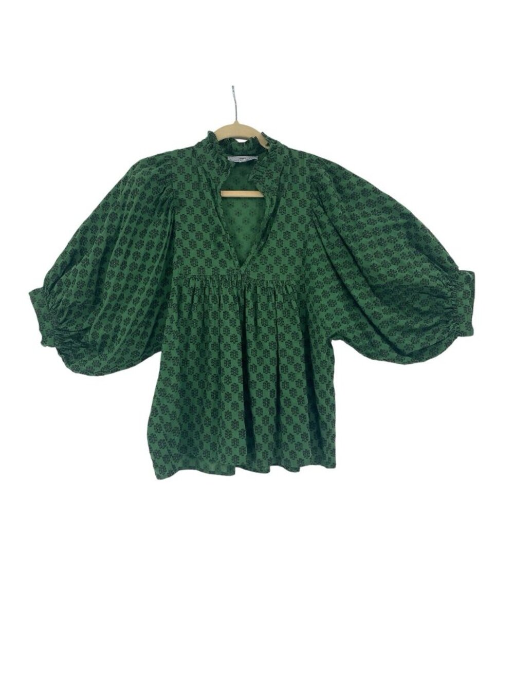 Never A Wallflower Ruffle High Neck Top Size M Green Leaf Embossed Boho Peasant